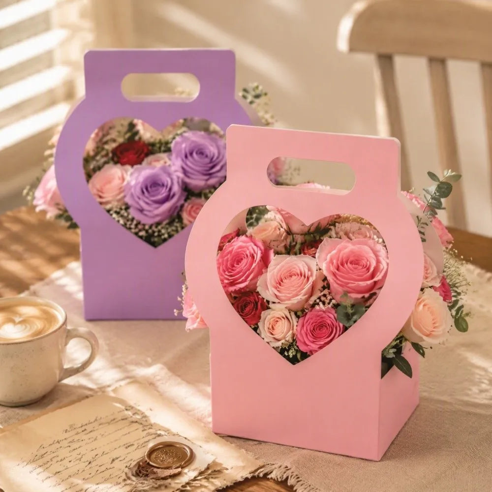 3PCS Heart-Cutout Flower Gift Box Portable Foldable Heart Shaped Gift Bags Romantic With Handle Floral Wrap Box Packaging
