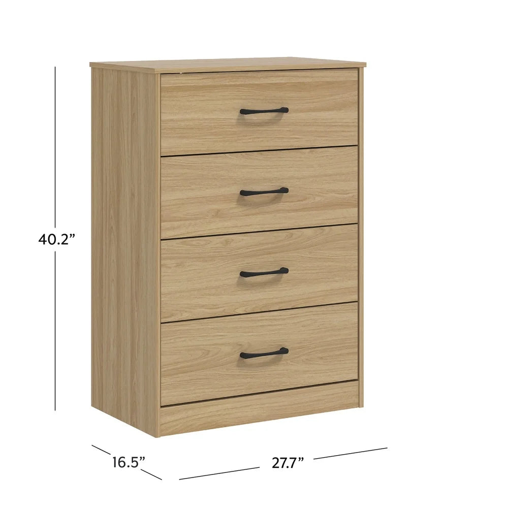 4 Drawer Dresser Tall Dresser Euro Oak Finish Easy Assembly Metal Glide System Safety Features Elegant Storage Solution Bedroom