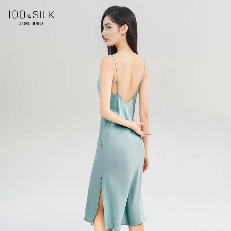 100% Mulberry Silk Sling Nightdress Sexy Slip Nightwear Pure Silk Long Nightgown Lingerie Slit Women Maxi Underwear Sleepwear