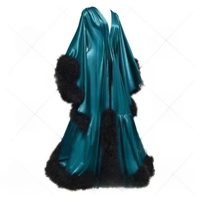 Customized Bathrobe for Women Flare Sleeves Feather Bridal Robe Nightgown Silk Long Wedding Scarf Dress Gown Photography Dress