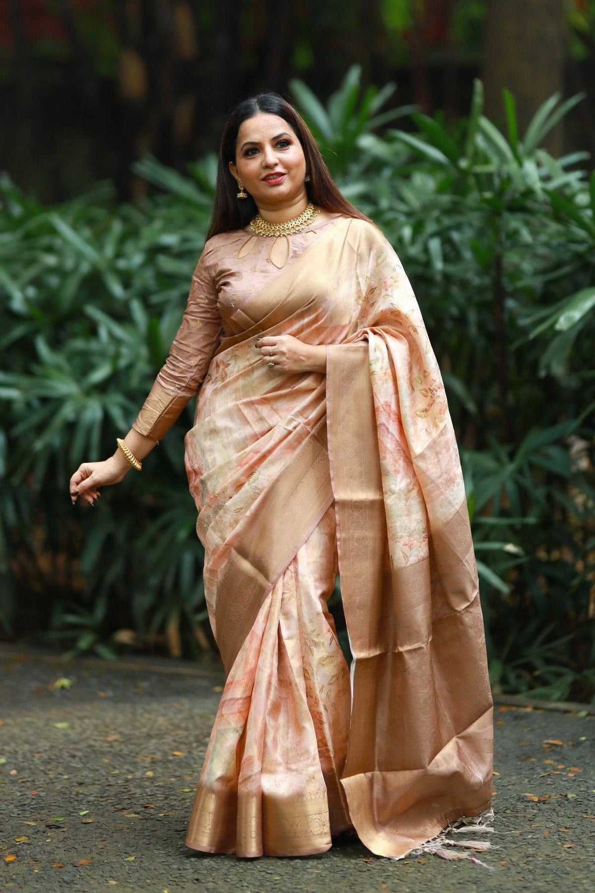 Pastel Peach Banarasi Silk Saree with Golden Zari Border & Subtle