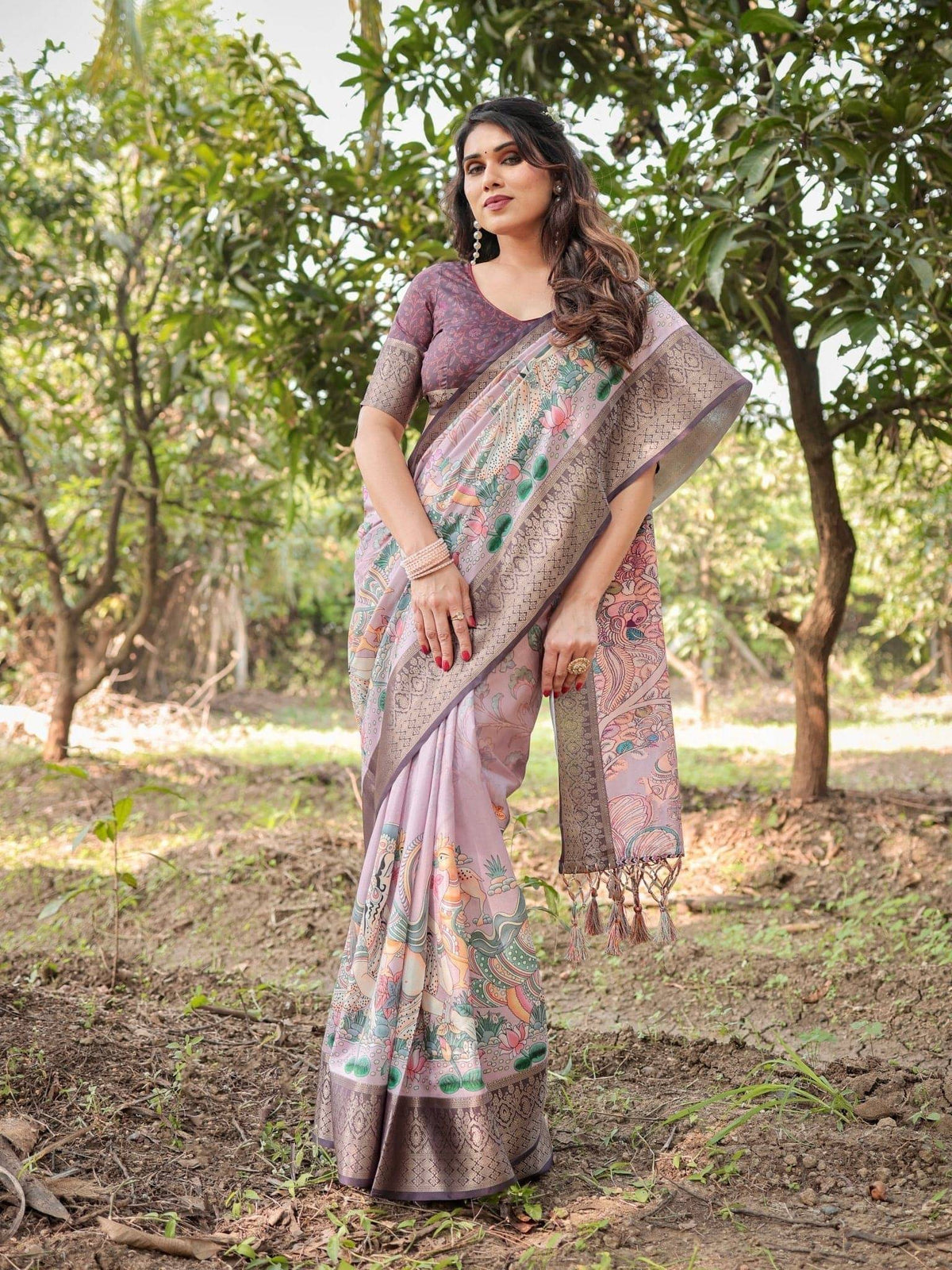 Lilac and Purple Digital Print Tussar Silk Saree with Zari Diamond