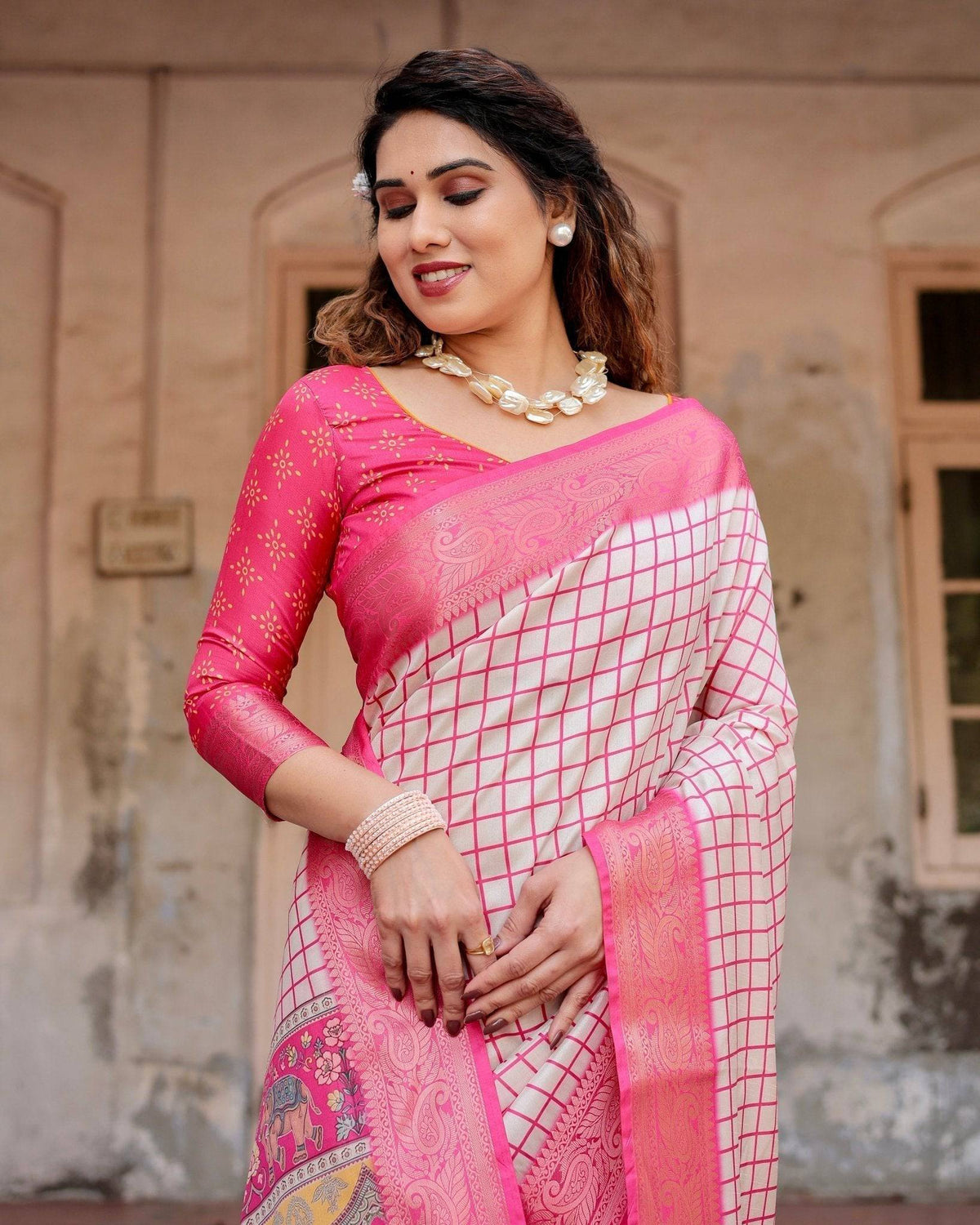 Pink and Ivory Tussar Silk Saree with Golden Zari Border and Majestic