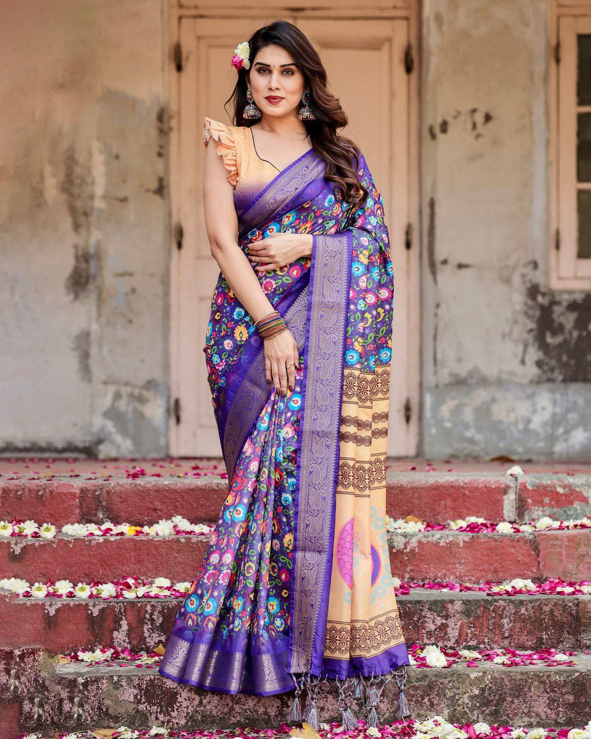 Royal Purple Tussar Silk Saree with Vibrant Floral Print and Peacock