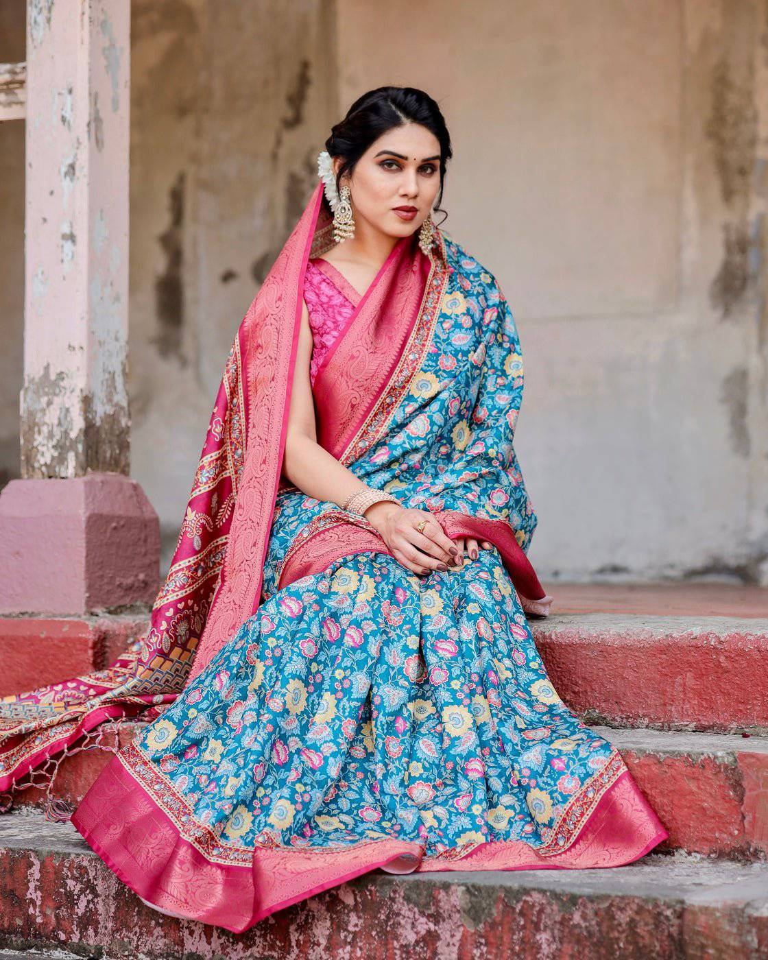 Teal Blue and Coral Tussar Silk Saree with Vibrant Floral Motifs and