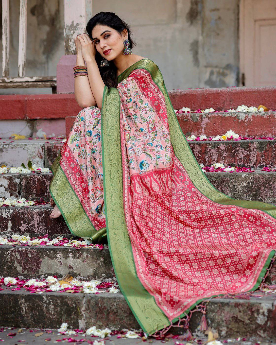 Blush Pink and Green Tussar Silk Saree with Floral Prints and