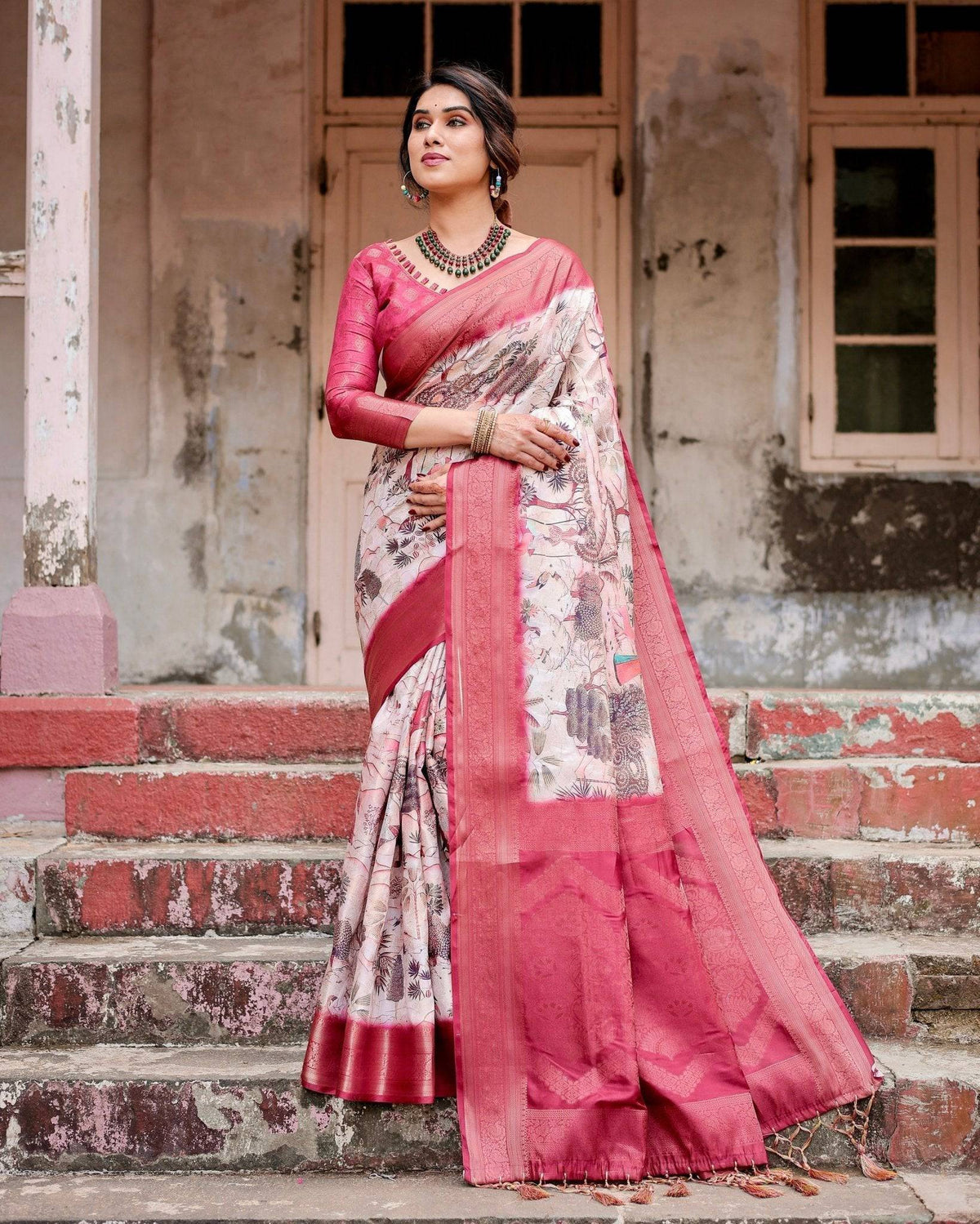 Graceful Fuchsia Pink Banarasi Silk Saree with Digital Forest Scenery