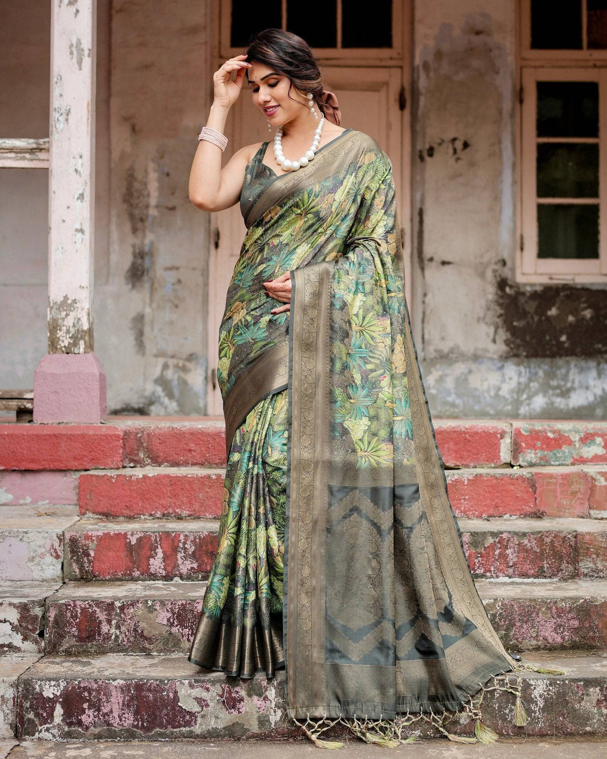 Green Banarasi Silk Saree with Lush Botanical Digital Print &