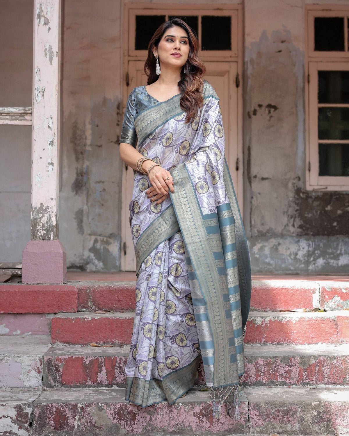 Sophisticated Lilac Banarasi Silk Saree with Floral Prints and Zari