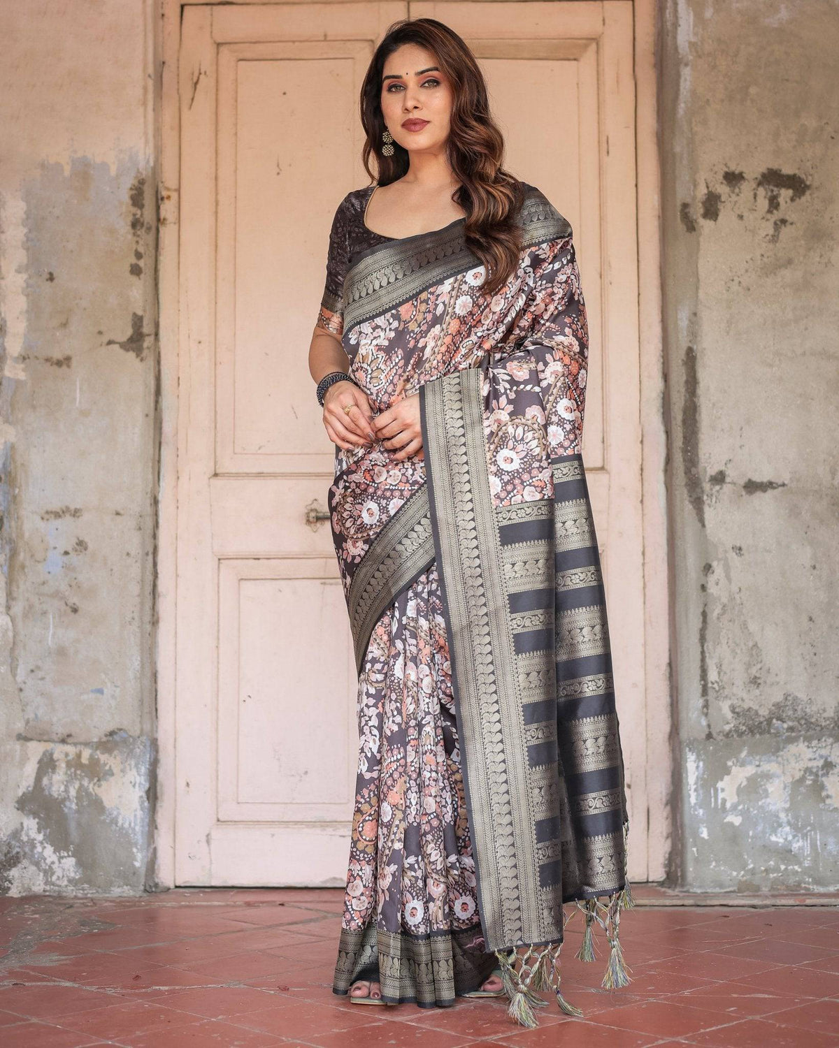 Elegant Black and Peach Banarasi Silk Saree with Zari Border and