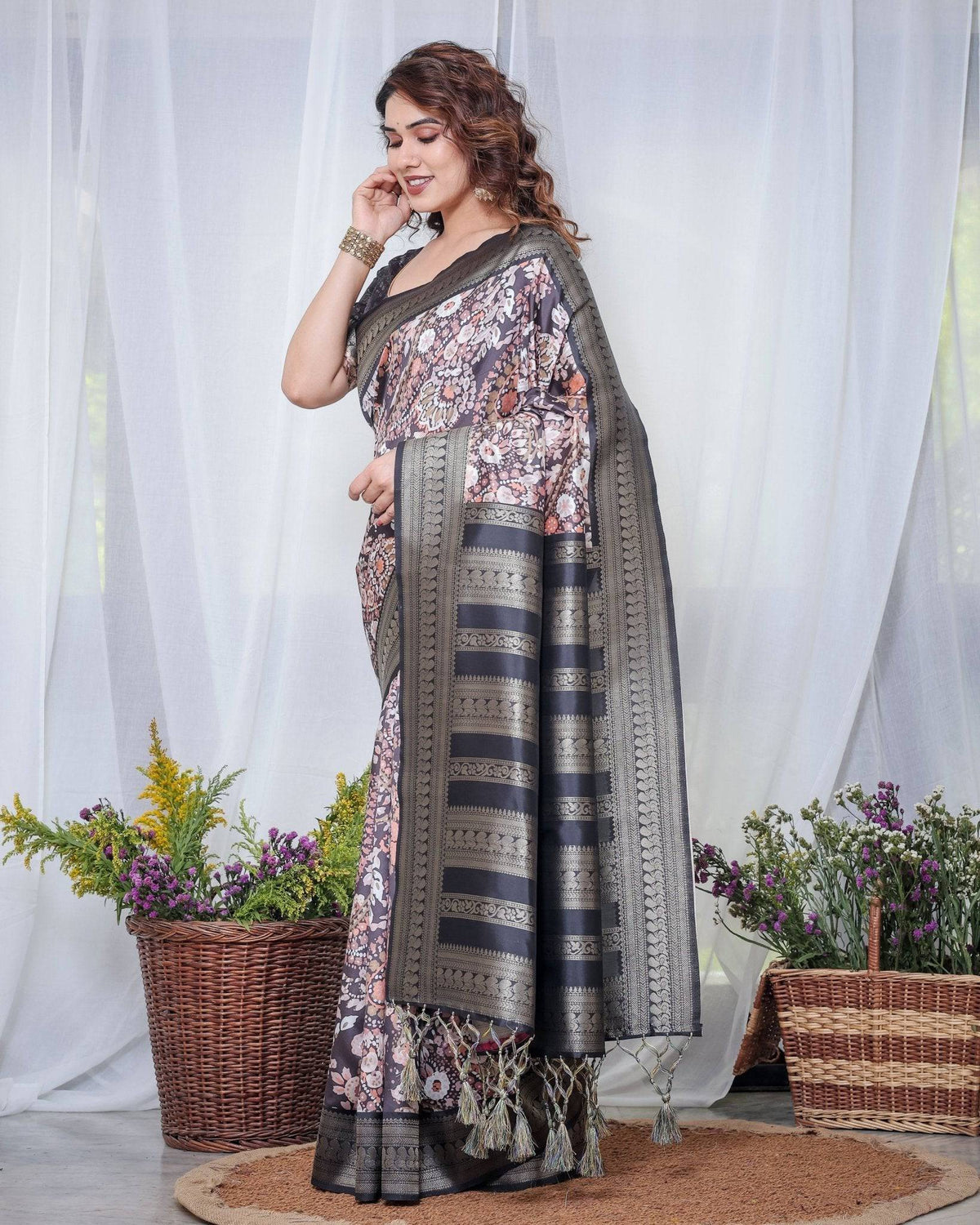 Exquisite Black and Pink Floral Banarasi Silk Saree with Intricate