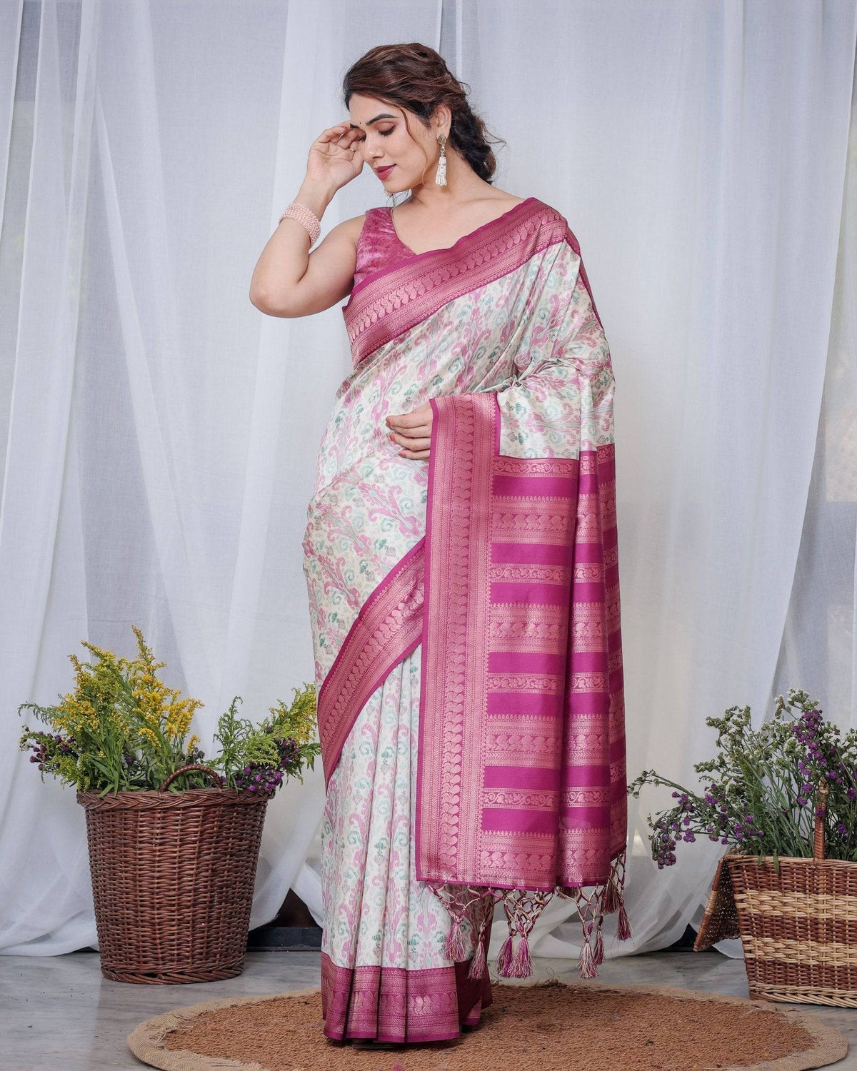 Ivory Banarasi Silk Saree with Pink Ikat Digital Print, Zari Border &