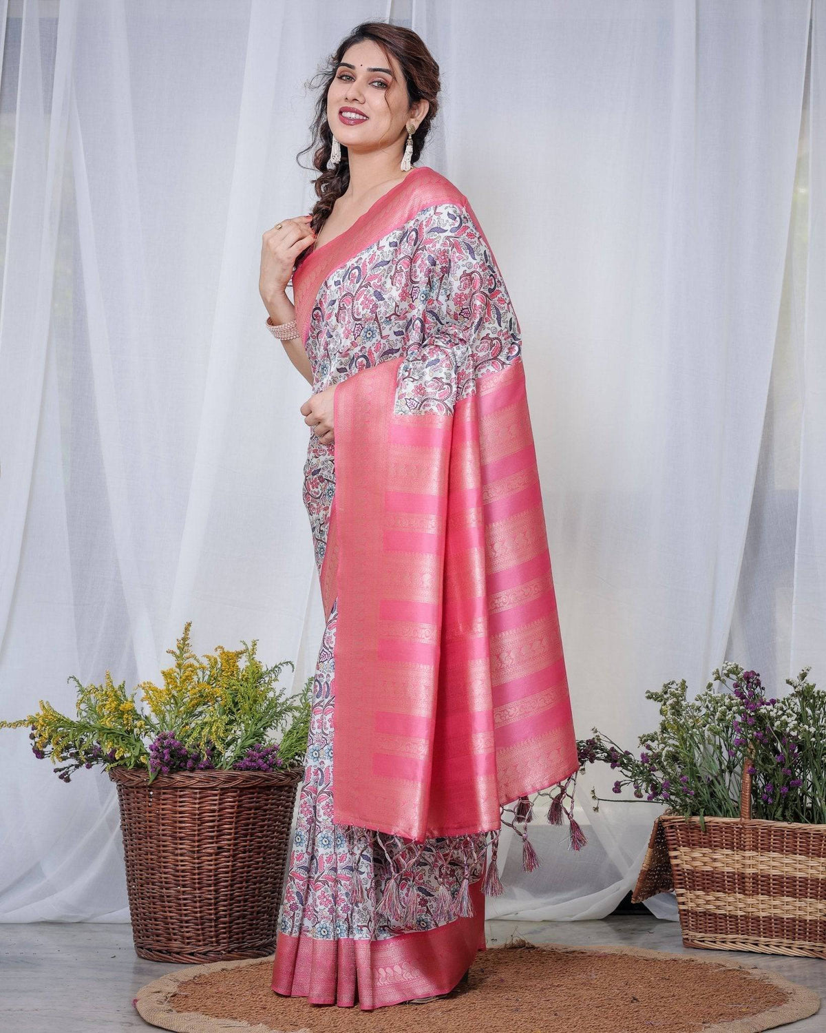 Ivory Banarasi Silk Saree with Vibrant Paisley Digital Print, Pink