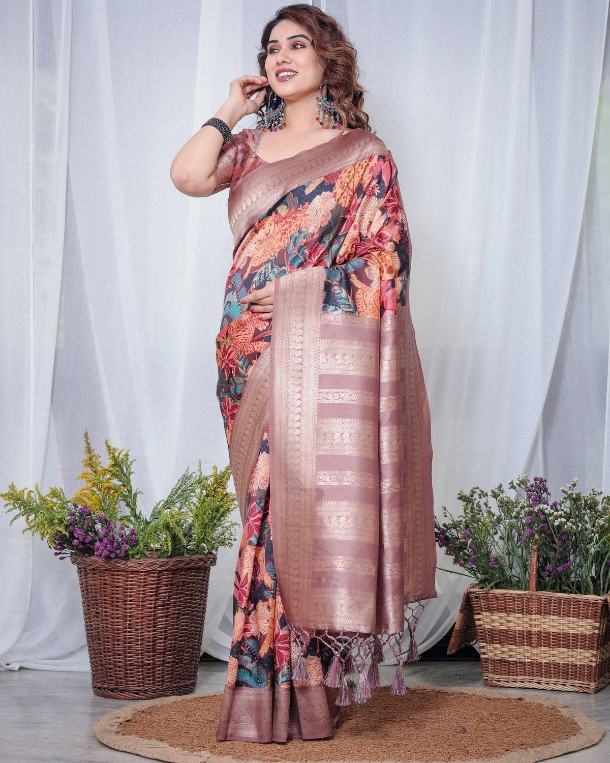 Black Banarasi Silk Saree with Exotic Leopard & Floral Digital Print,