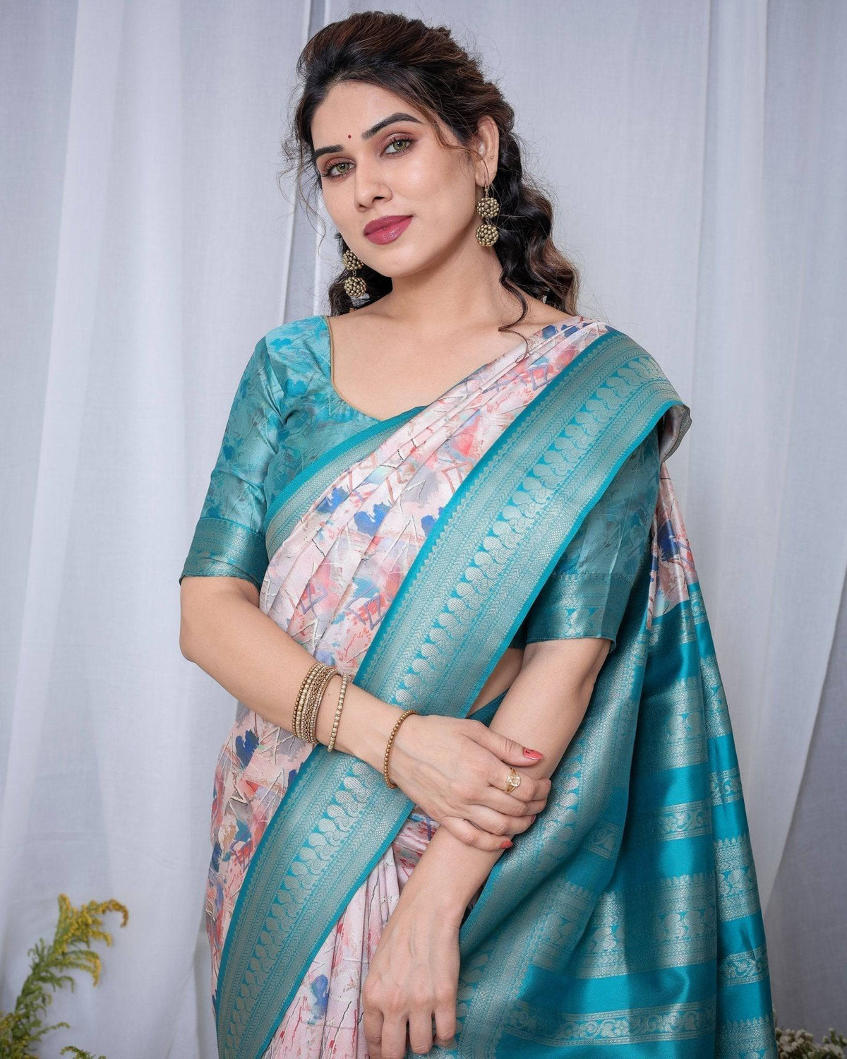 Ivory Banarasi Silk Saree with Pink Ikat Digital Print, Zari Border &