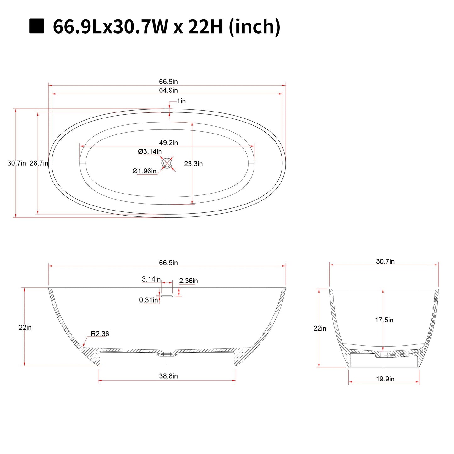 66.9″Solid Surface Matte Tub, Solid Surface Soaking Tub, Stone Resin