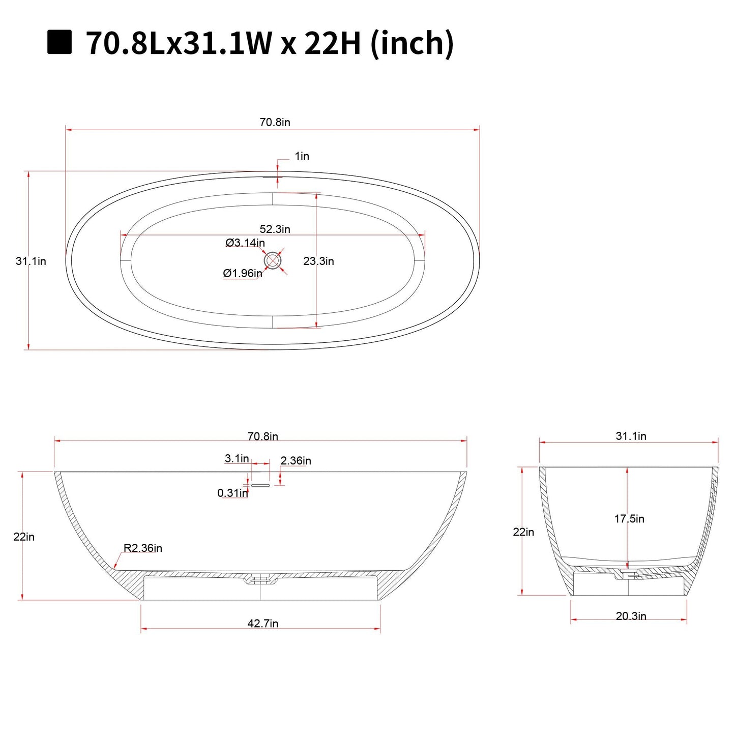 70.8″Solid Surface Matte Tub, Solid Surface Soaking Tub, Stone Resin