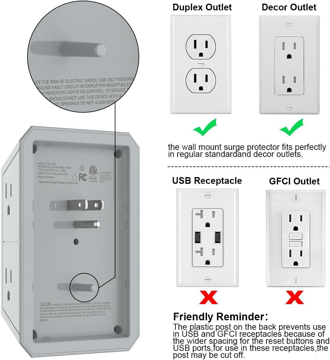 USB Wall Charger, Surge Protector, QINLIANF 5 Outlet Extender with 4
