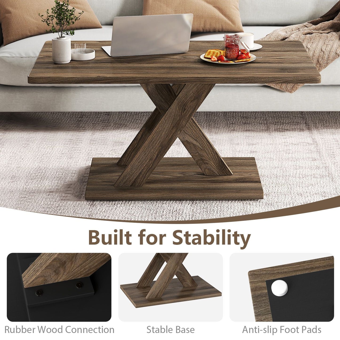 37.5 Inch Rectangular Coffee Table with Stable Base and Rubber Wood