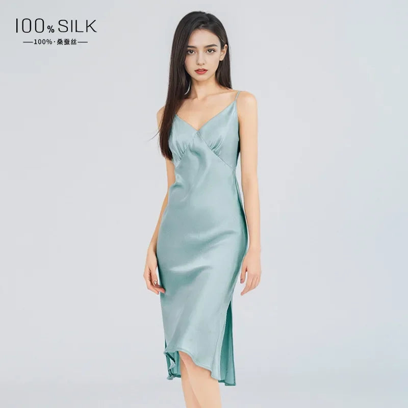 100% Mulberry Silk Sling Nightdress Sexy Slip Nightwear Pure Silk Long Nightgown Lingerie Slit Women Maxi Underwear Sleepwear