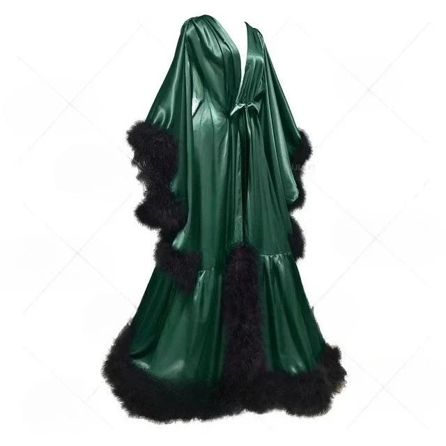 Customized Bathrobe for Women Flare Sleeves Feather Bridal Robe Nightgown Silk Long Wedding Scarf Dress Gown Photography Dress