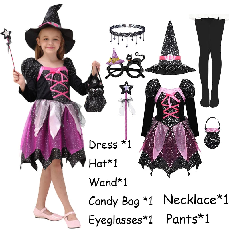 2025 Halloween Baby Girls Witch Dress+Hat+Wand+Candy Bag Costume for Kids Carnival Party Evil Witch Vestidos Set 2-12Yrs Clothes