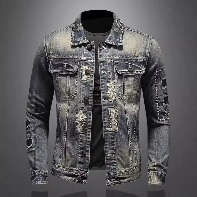 Spring Autumn New Fashion Trend Ripped Vintage Jeans Jacket Men's Casual Loose Comfortable High Quality Denim Coat