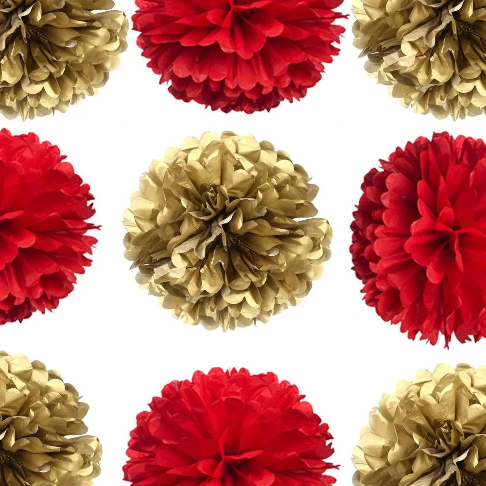 10 pcs 14" Red and Gold Tissue Pom Poms Kit DIY Decorative Paper Flowers Ball for Christmas New Years Eve