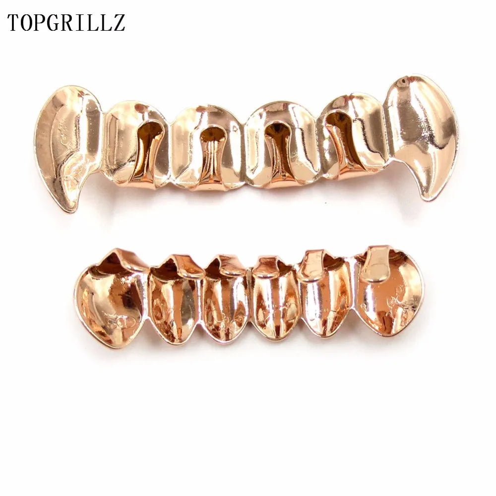 TOPGRILLZ New Fit Rose Gold Color Plated Hip Hop Teeth Grillz Caps Top&Bottom Grill Set for Christmas Party Vampire Tooth Grillz