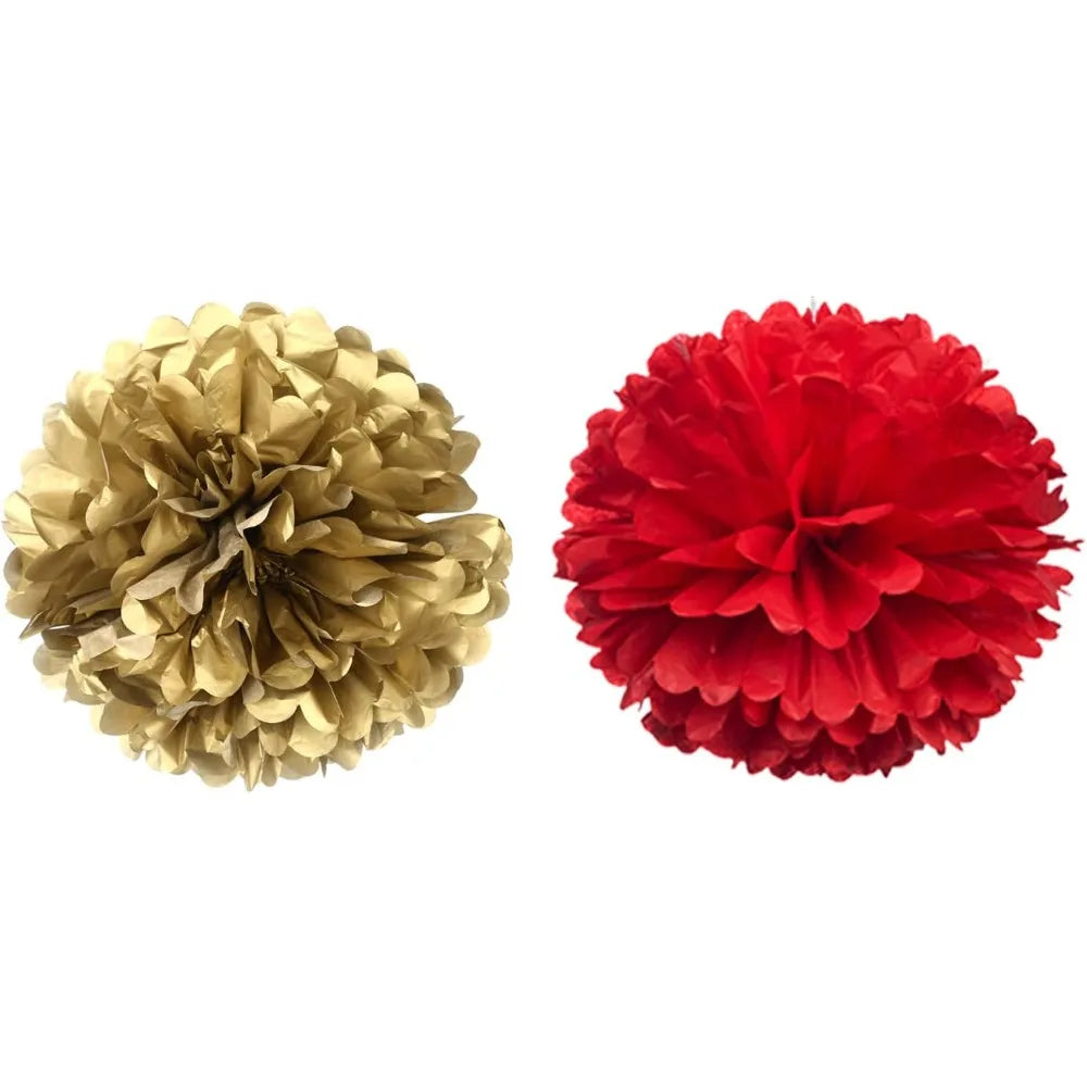 10 pcs 14" Red and Gold Tissue Pom Poms Kit DIY Decorative Paper Flowers Ball for Christmas New Years Eve
