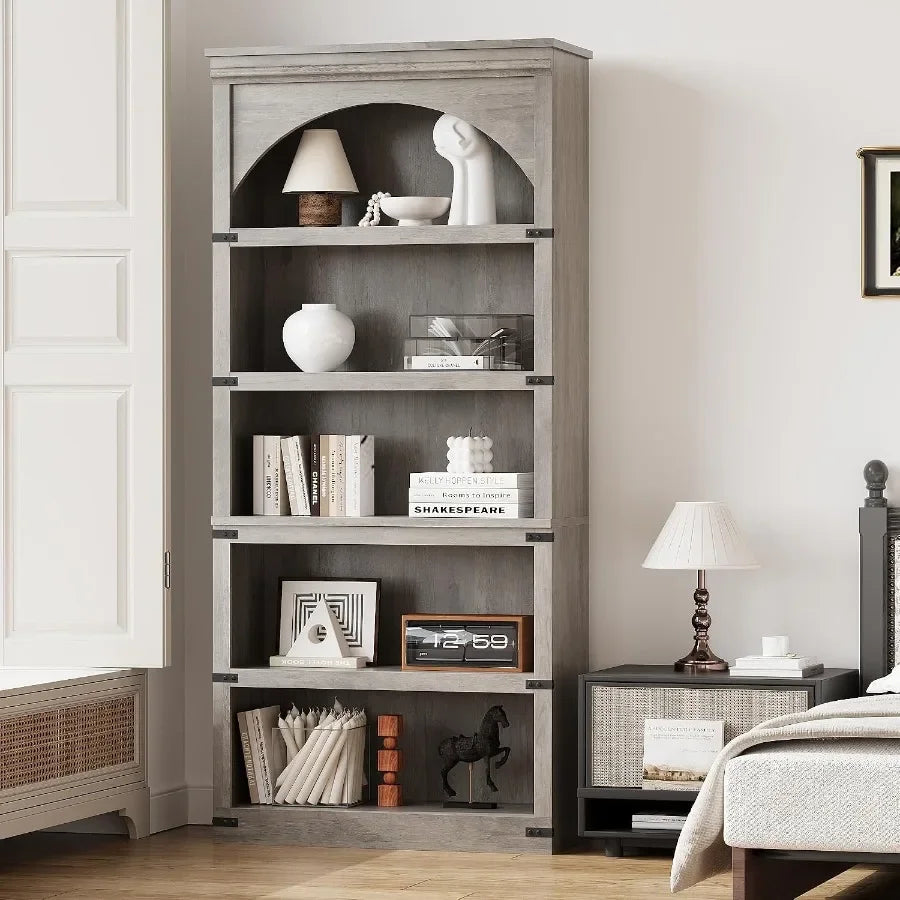 68.7 Tall Farmhouse Arched Bookcase, 5-Tier Vintage Wood Bookshelf, Rustic Arch Display Storage Cabinet for Living Room, Home O