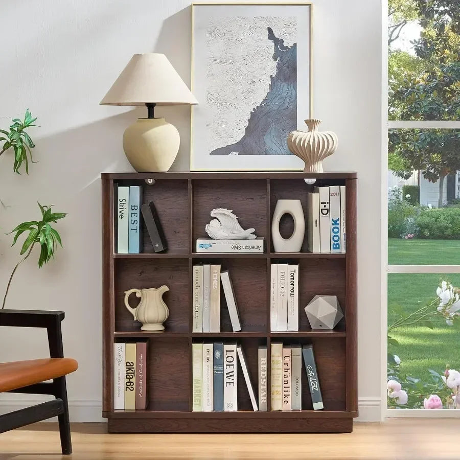 Living room and home office bookshelf: walnut wood 9-cube organizer with curved edge, 40.5 wide floor-standing 3-tier cubby she