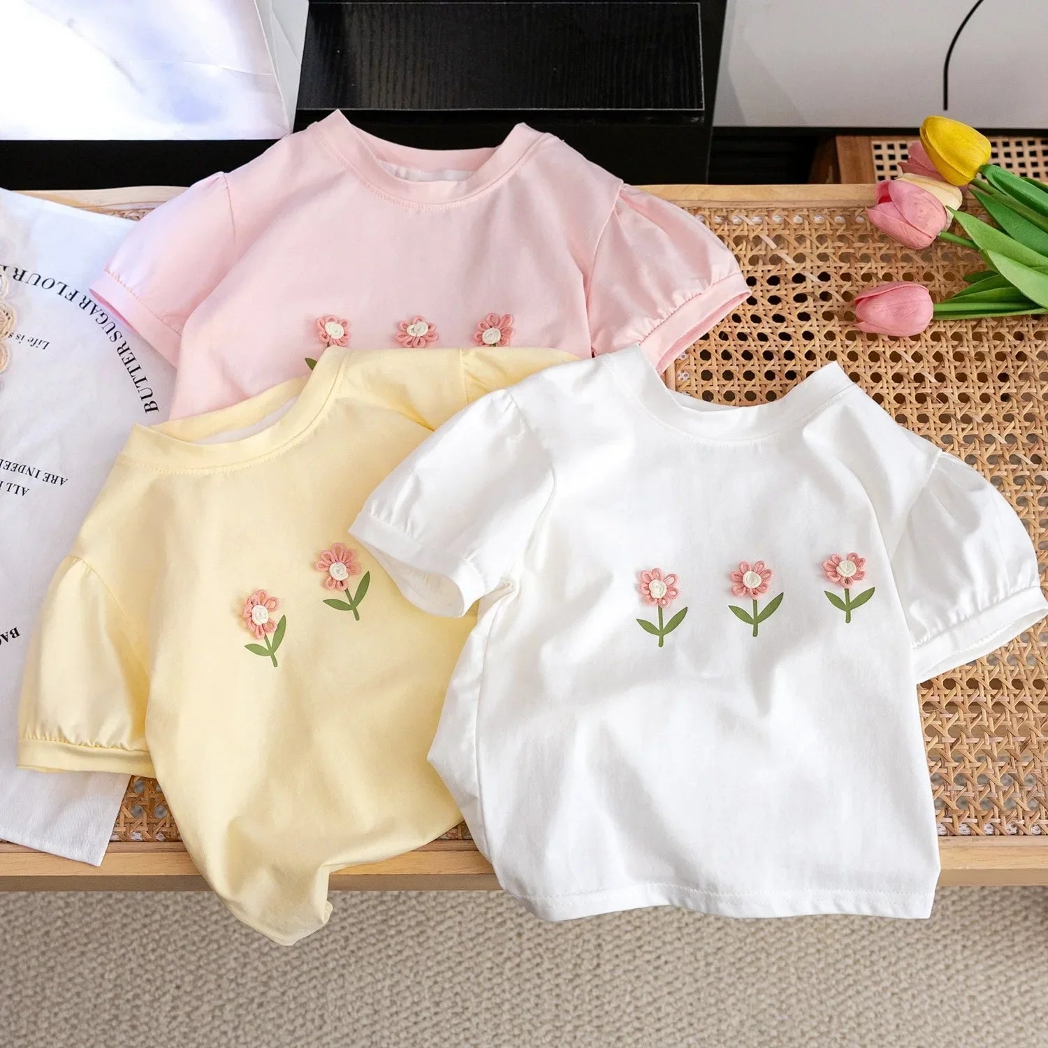 (Children's Clothing Girls Short-sleeved Summer Cotton Cute Baby Girl Stylish Flower Children's T-shirt Clothes