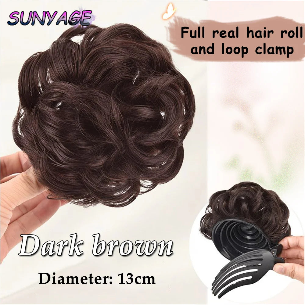 SUNYAGE Headdress Human hair Curled hair bun Head Claw Clip Fluffy Beauty Extension High Temperature Bride Hair Shapers