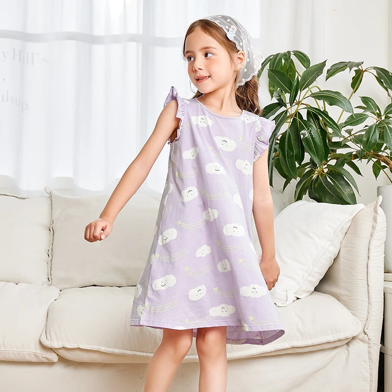 Mini Bala Summer New Kids Sweat-Absorbing Comfortable Nightgown Breathable Pure Cotton Girls Home Dress