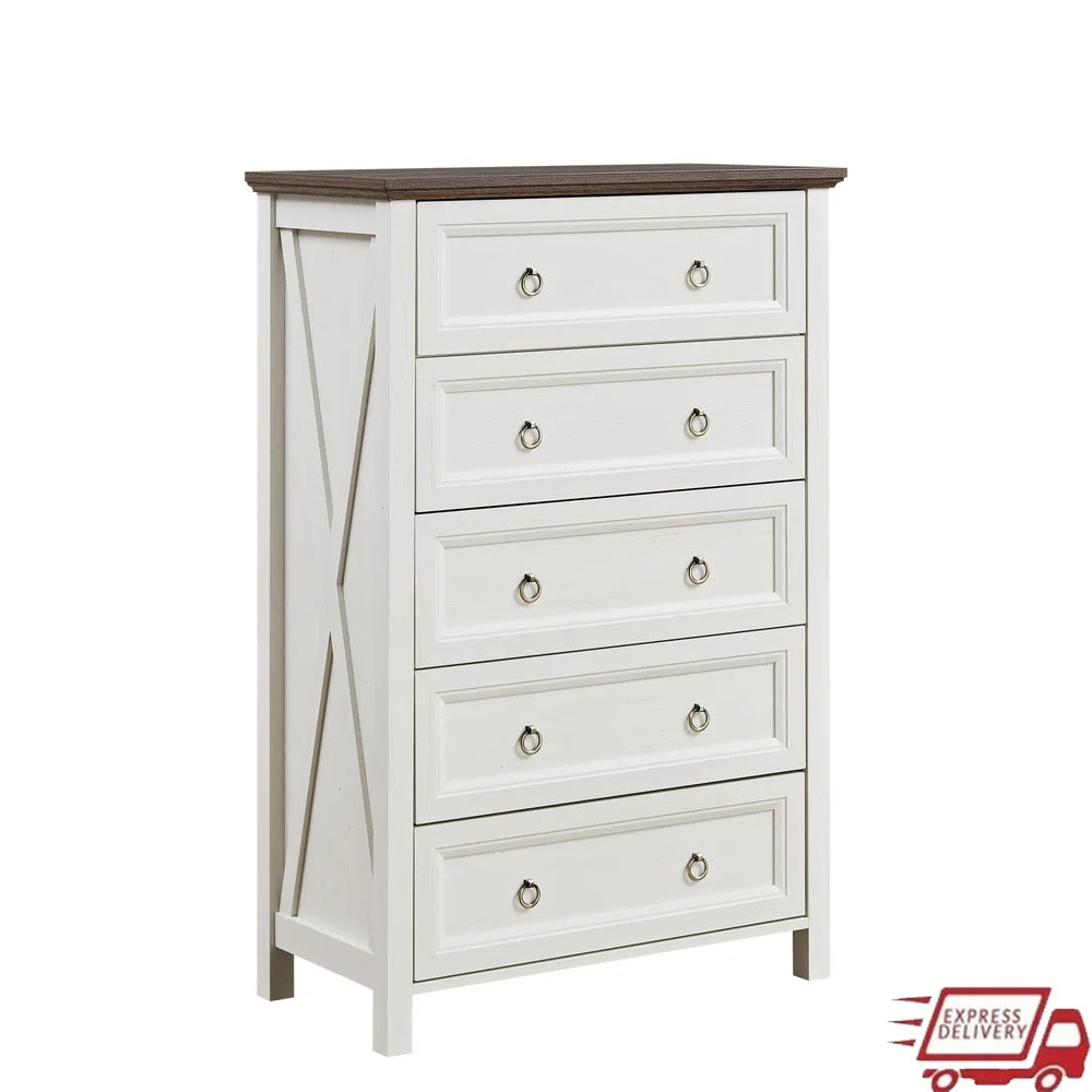 5 Drawer Wooden Dresser Rustic Tall Storage Organizer with Metal Handles Ideal Bedroom Living Room Easy Assembly