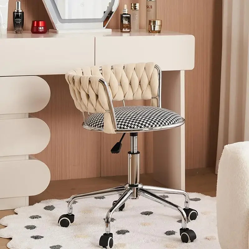 Nordic Makeup Chair With Woven Backrest, Houndstooth Pattern Seat For Bedroom,