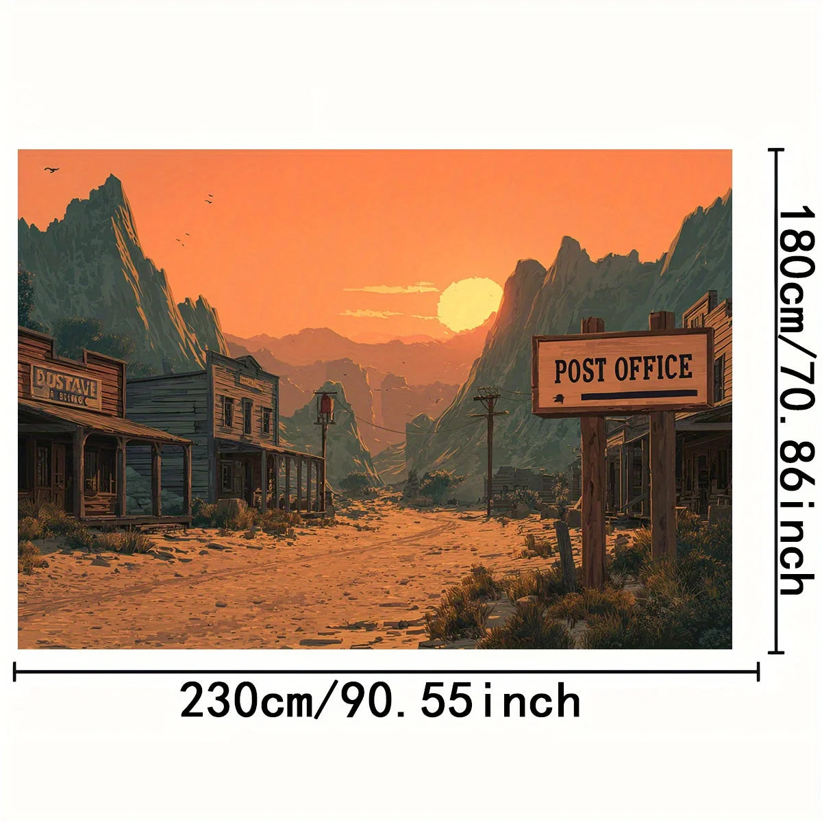 1 Wild West sunset background banner - featuring rugged mountains, post office logo and sunset sky - durable polyester