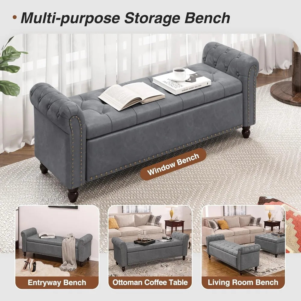 Bedroom Bench, End of Bed Bench with Storage, Bed Benches for Foot of Bed, Faux Leather Window Bench with Rolled