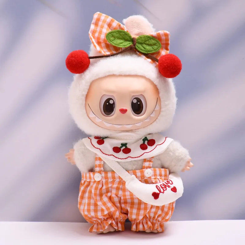 Cherry Hair Accessories and Overalls Set 17CM Pendant Labubu Doll 17cm Labubu Generation 1 2 and 3 Macaron Color Set