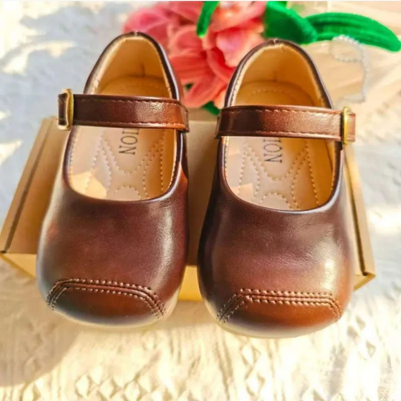 Children's Leather Shoes 2025 Autumn New Bean Shoes Shallow Mouth Princess Shoes Fashion Shoes Girls' High Beauty Baby Shoes