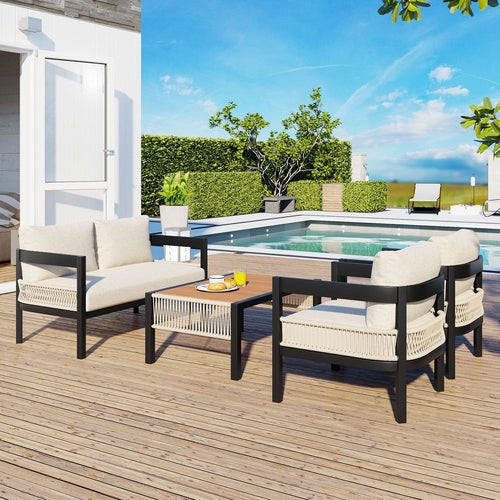 Multi-person Outdoor Iron Sofa Set with Table, Rattan Decoration,
