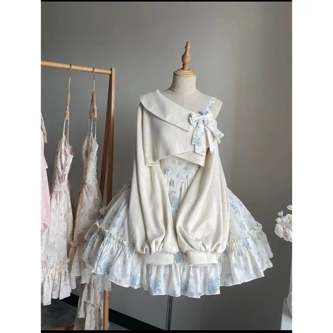 Sweet Lolita Style 2 Piece Dress Set Women Bow Short Coat Kawaii Floral Mini Dress Female Korean Fashion Beach Party Suit