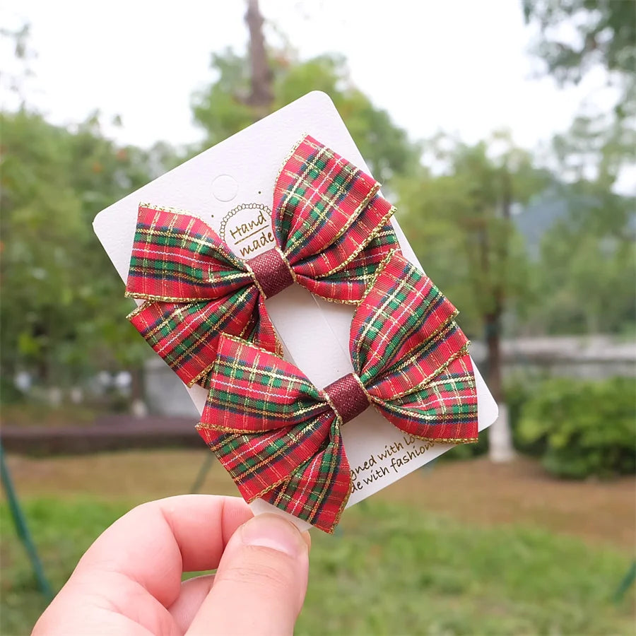 Christmas Plaid Hair Bow Clip For Girls Baby Kids Barrette Children Hair Accessories Butterfly Hairpin Fashion Headwear Top Clip