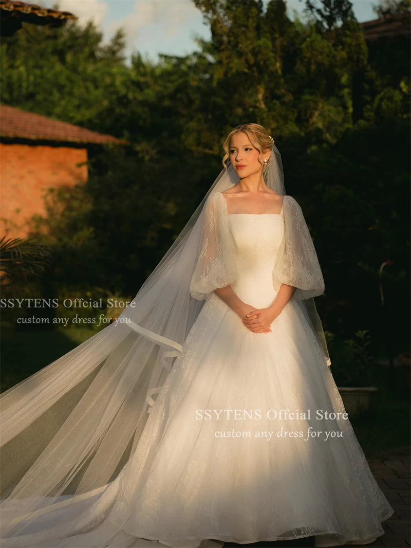 SSYTENS Customized Elegant Square Neck Wedding Dress Half Sleeves Civil Bridal Dresses A Line Lace Bride Gown Vestido De Novia