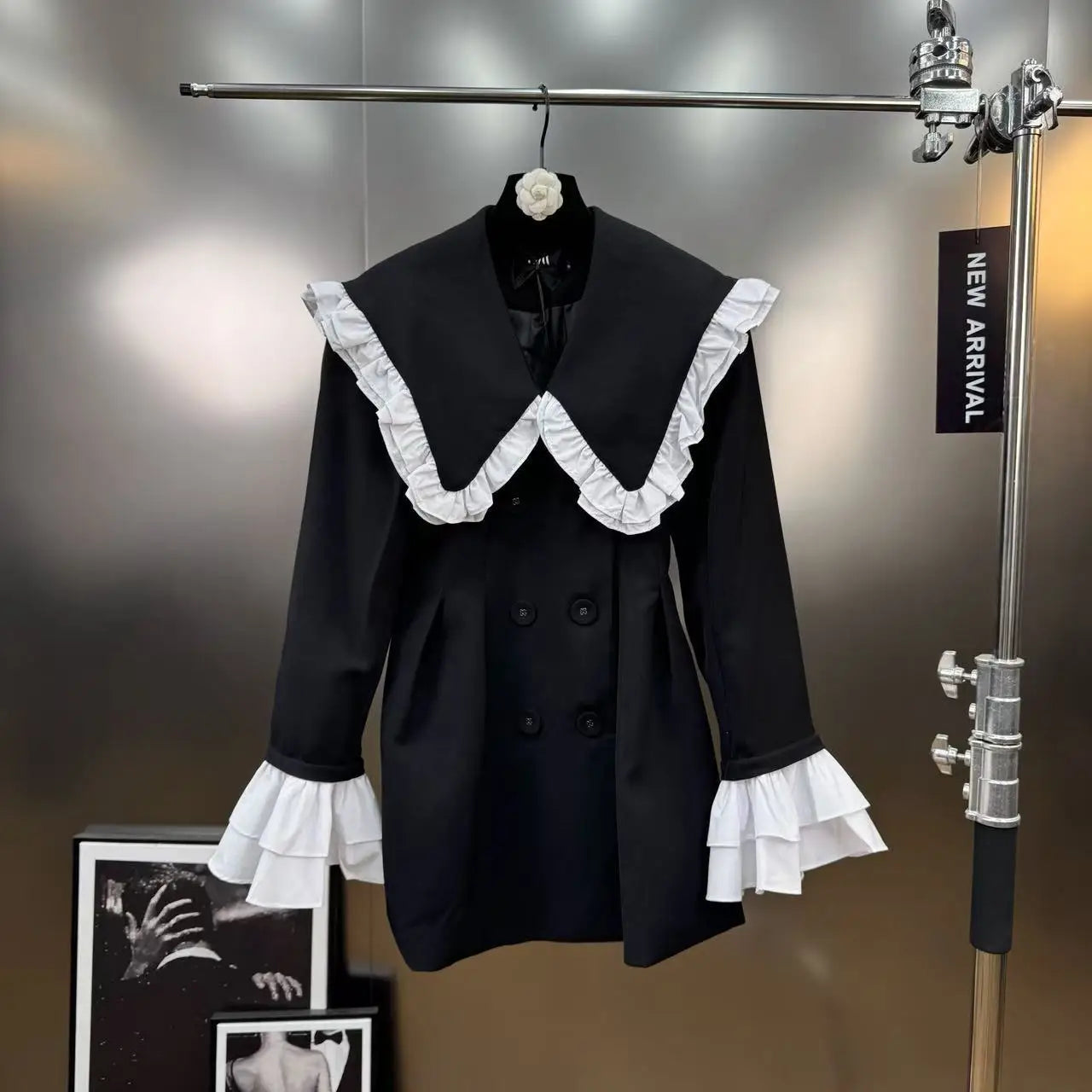 Autumn New Fashion Elegant Lapel Double-Breasted Ruffle Patchwork Blazer Women Korean Chic Trend Loose Slim Mid-Length Blazer