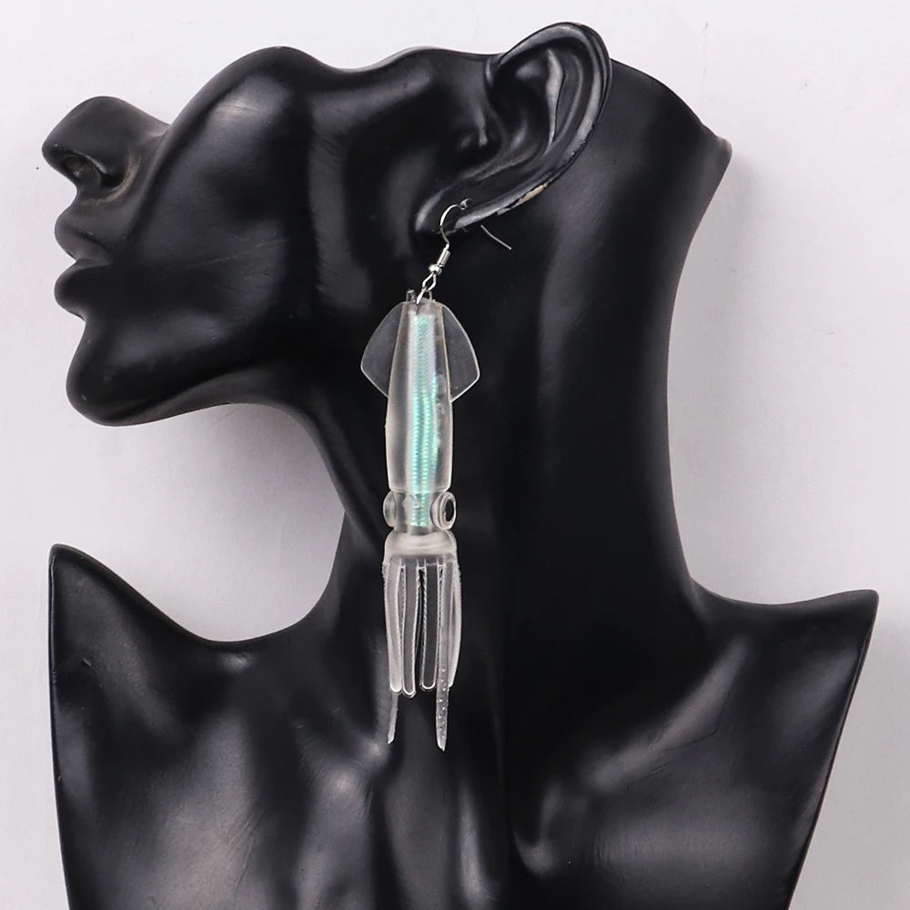 Noctilucence Color Tube Squid Drop Earrings for Women Giant Jelly Bionic Soft Lure Marine Animal Earring Fishing Lovers Gifts