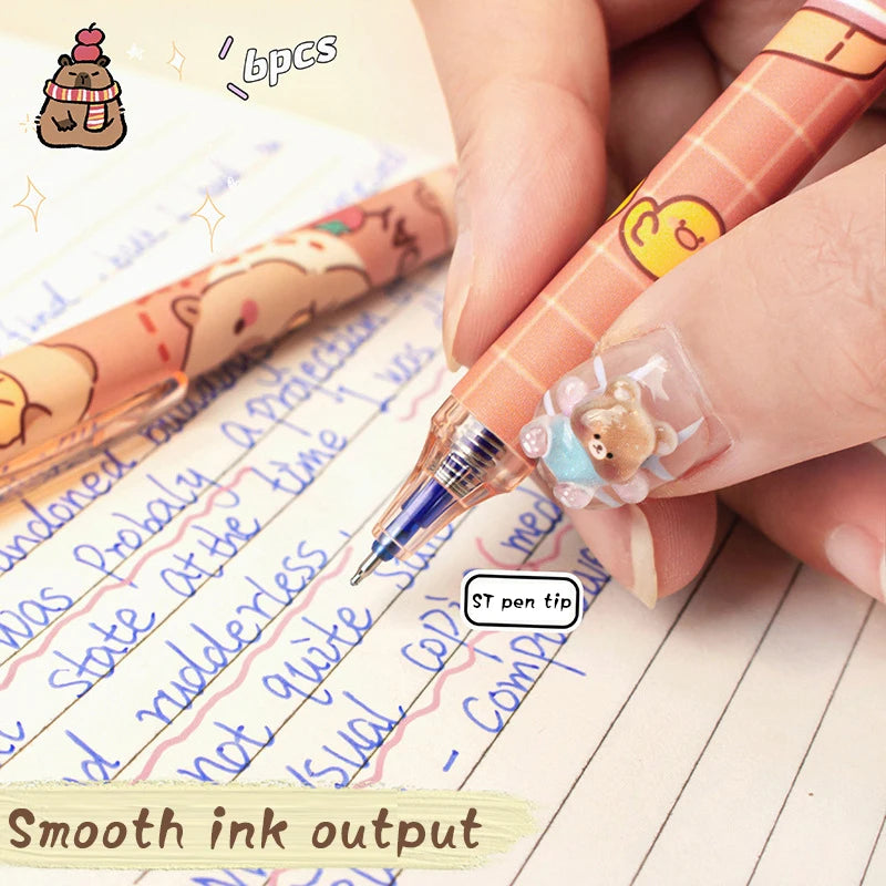 Cute Capybara Gel Pens - 6Pcs Kawaii Pen Set Quick-Drying Blue Erasable for Office School Kawaii Aesthetic Stationery