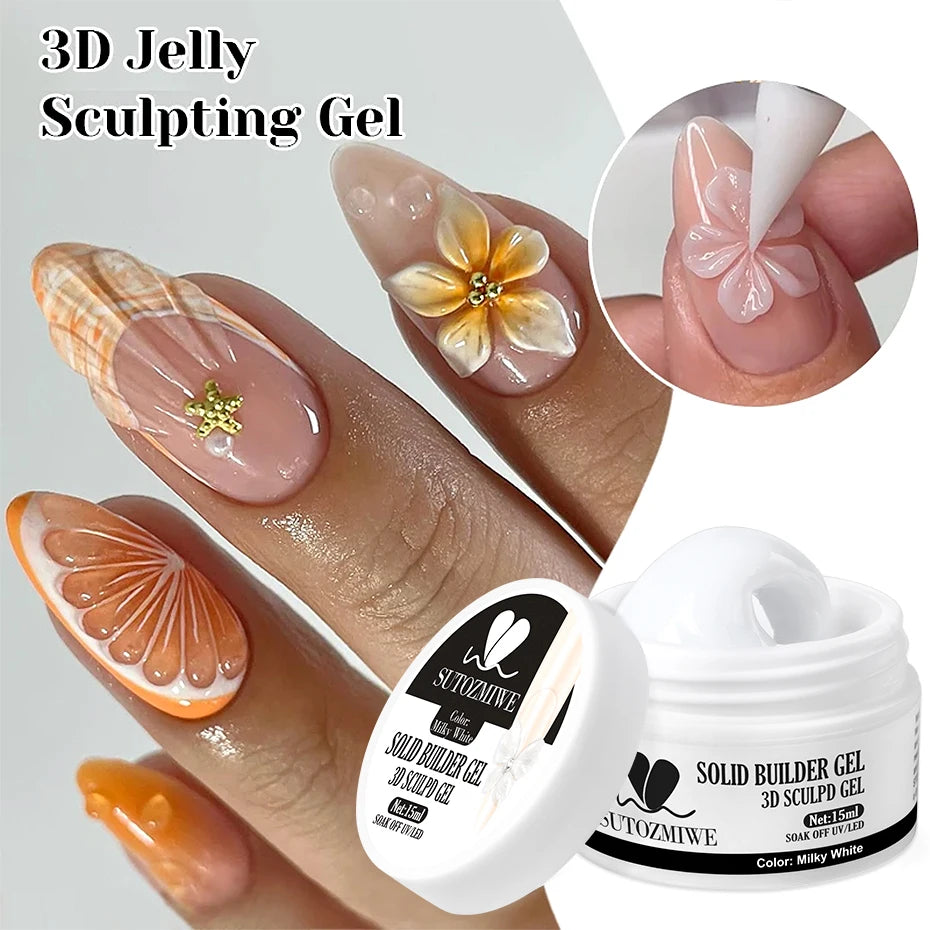 15ml Clear/White Solid Nail Extension Gel Quick Building UV Gel Builder Molding Nail Gel Polish 3D Sculpting Brush Manicure Kit