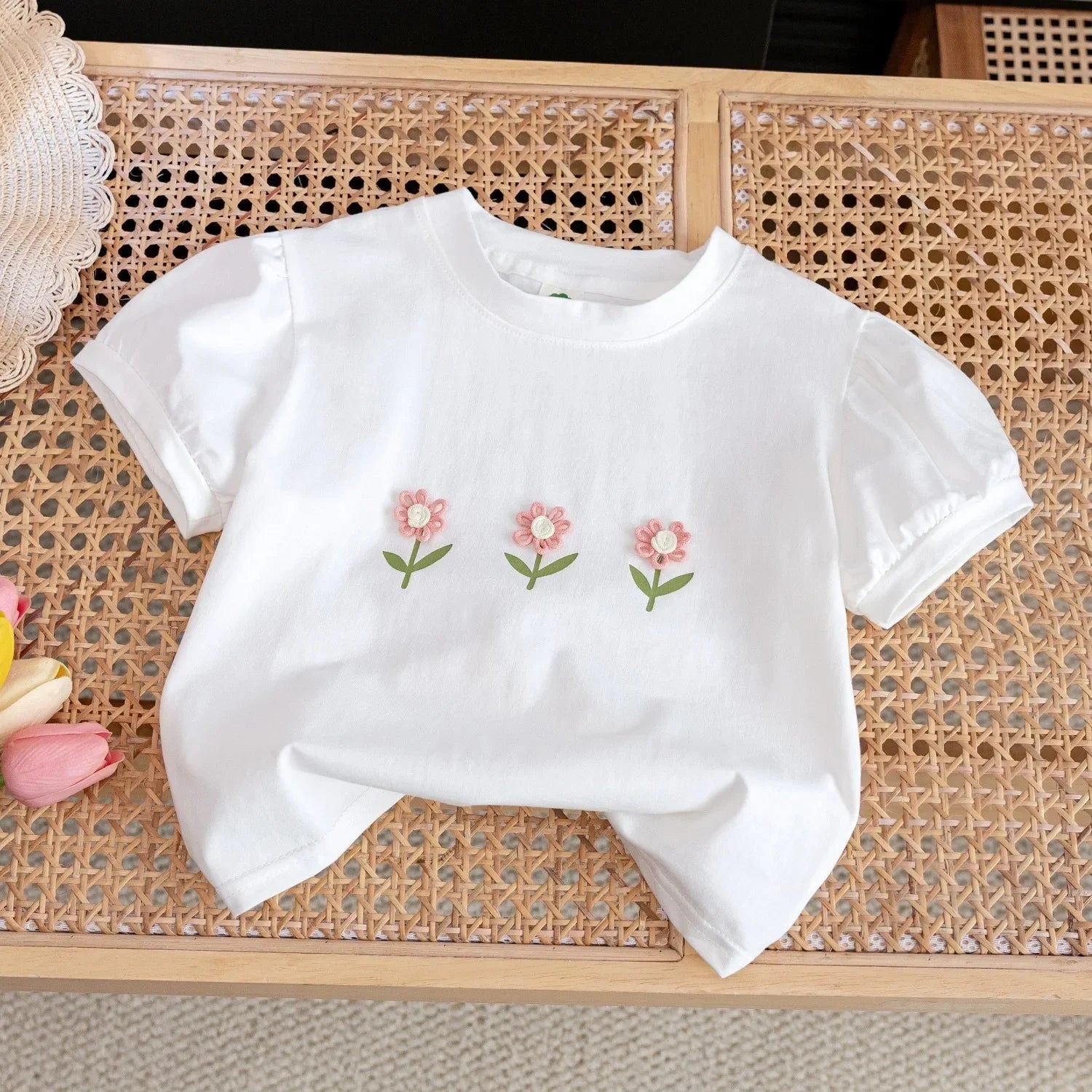 (Children's Clothing Girls Short-sleeved Summer Cotton Cute Baby Girl Stylish Flower Children's T-shirt Clothes